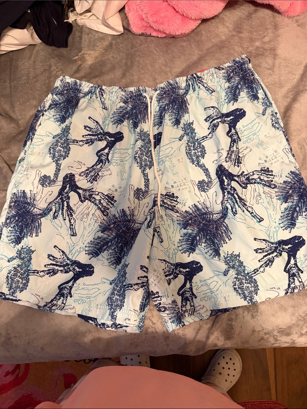 Men's Light Blue Palm-Print Swim Shorts